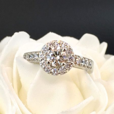 halo engagement ring in white gold