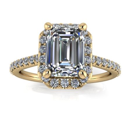 1.25 ct approx emerald-cut halo engagement ring in yellow gold