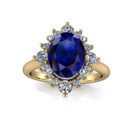 1.75 ct approx oval sapphire halo engagement ring in yellow gold