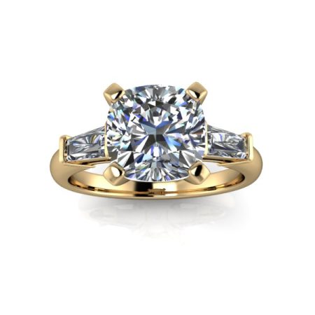 2.5 ct three stone cushion cut engagement ring in yellow gold